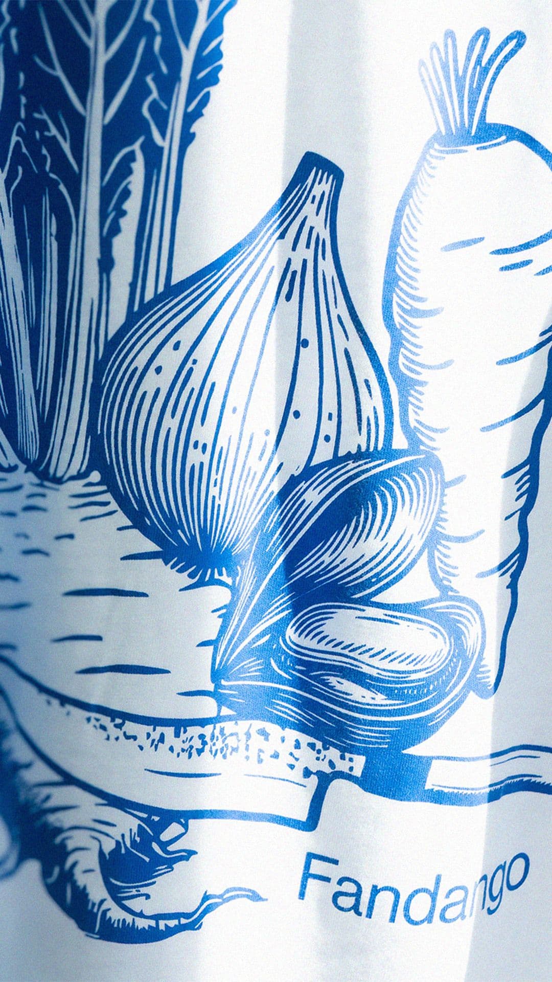 a blue and white drawing of vegetables with the word fandango on the bottom